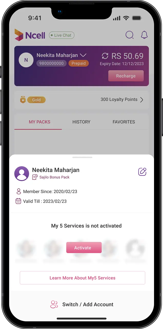 Ncell account screen showing a user's prepaid balance, Gold status with 300 loyalty points and Activate button. Designed by Bishrant Tandukar