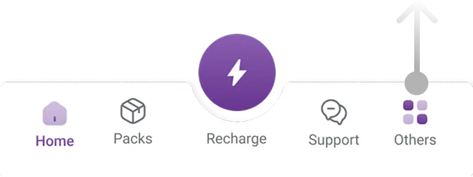 Ncell bottom navigation bar with Home, Packs, Recharge, Support and Others, with a purple recharge button in the middle