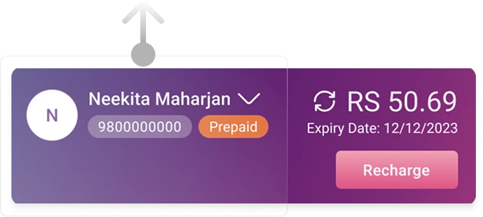 Ncell prepaid account summary with user name, phone number, balance, expiry date and a Recharge button