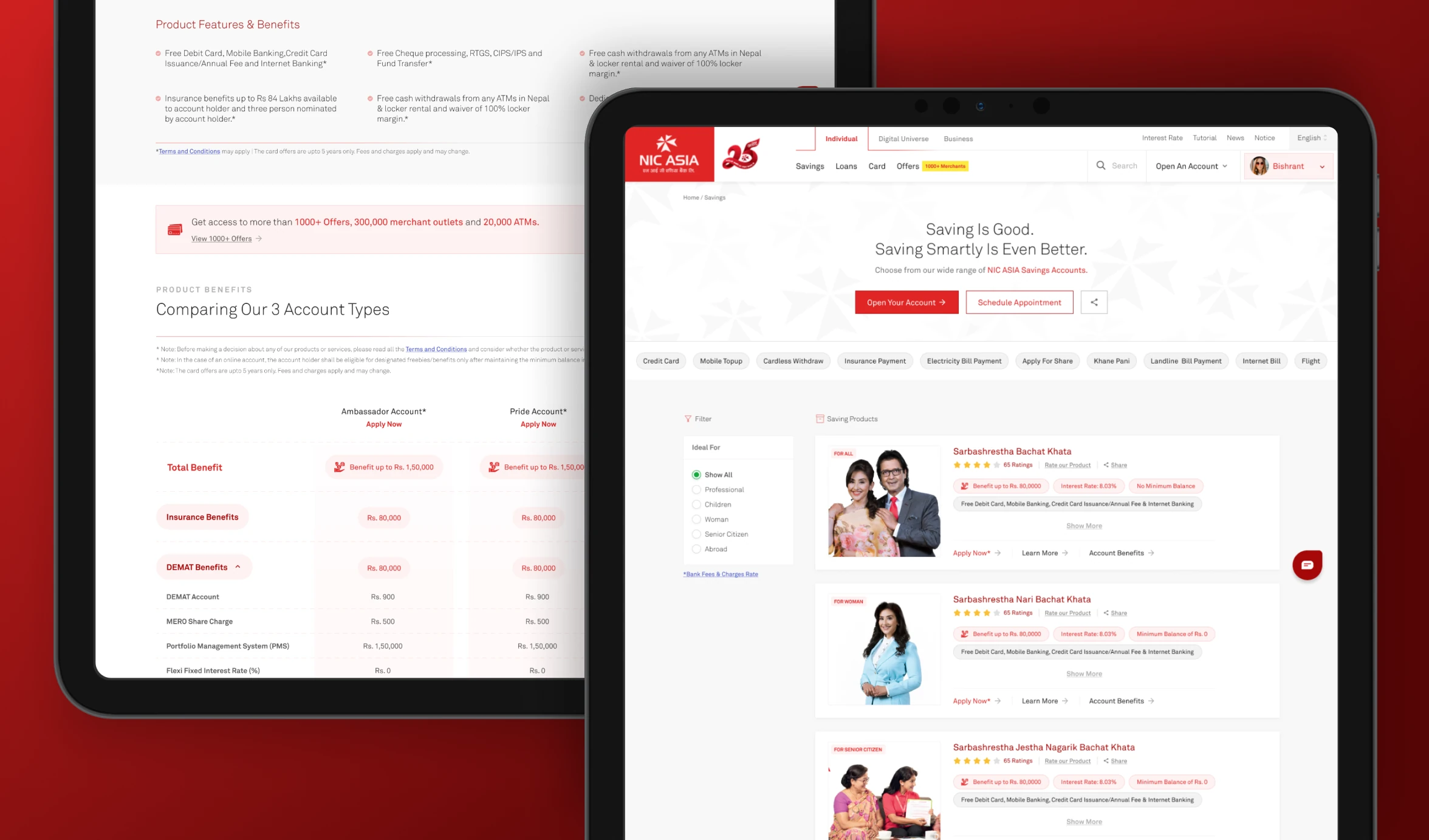 Two tablets comparing NIC ASIA savings account options and benefits with images of people