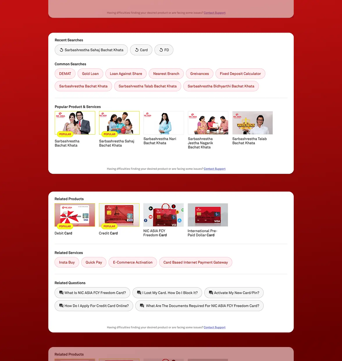 NIC ASIA search results page showing recent searches, popular products and related services on a red background
