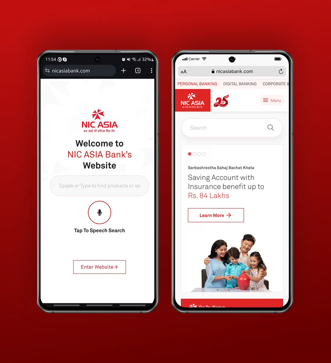 Two phones showing NIC ASIA Bank homepage with voice search and a saving account with insurance benefits