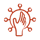Hand raised in front of a virus shape, drawn in red lines