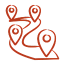 Curved path connecting four red map pins