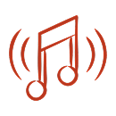 Red music note with sound waves on a black background