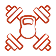 Kettlebell and two dumbbells crossed behind it, drawn in red