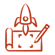 Orange rocket above a blueprint with a pencil drawing details