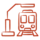 Train at a station platform with overhead electrical line, drawn in red lines