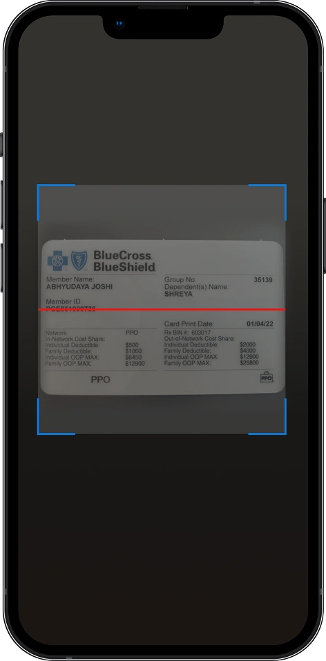Febris app screen scanning a BlueCross BlueShield insurance card