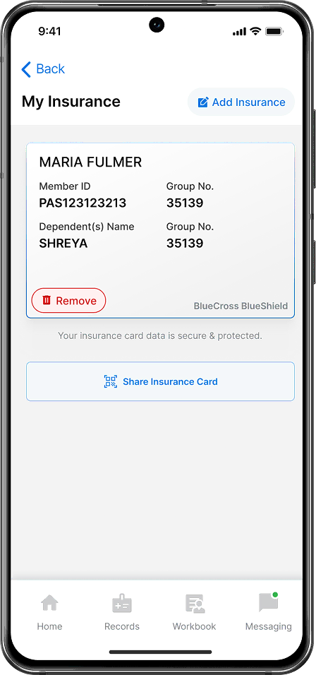 Febris insurance page showing a patient's card with a dependent listed, with options to share or remove
