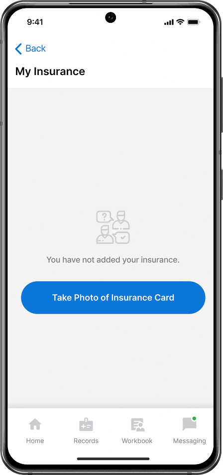 Febris insurance screen with a button to take a photo of the insurance card