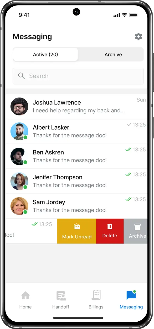 Febris chat list with recent messages from patients and doctors
