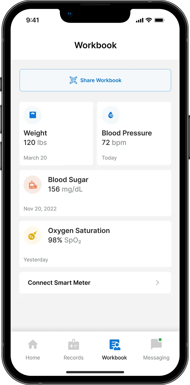 Febris workbook screen with health metrics for weight, blood pressure, blood sugar and oxygen saturation