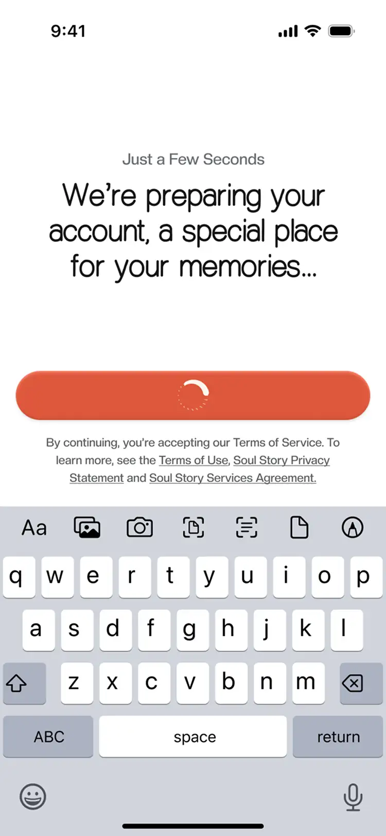 Soul Story setup screen preparing your account with a loading bar