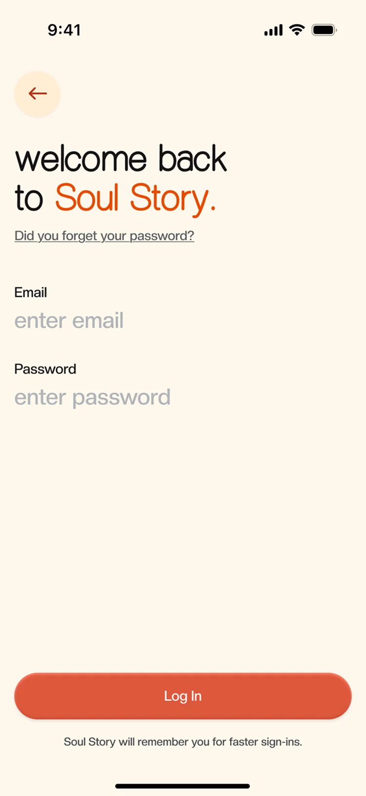 Soul Story login screen welcoming users back with email and password fields