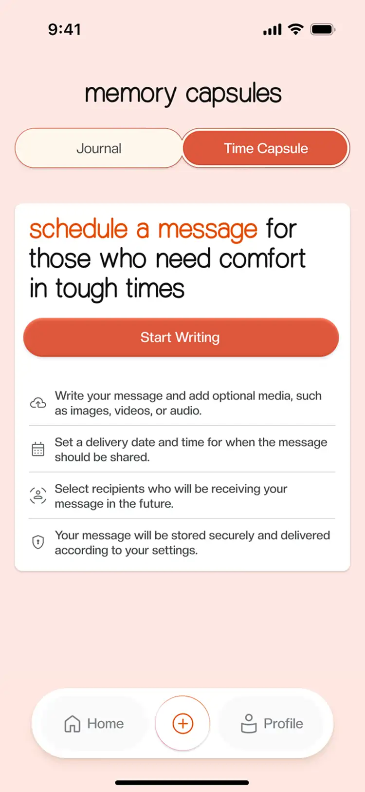 Soul Story memory capsules screen to schedule a written message for those who need comfort