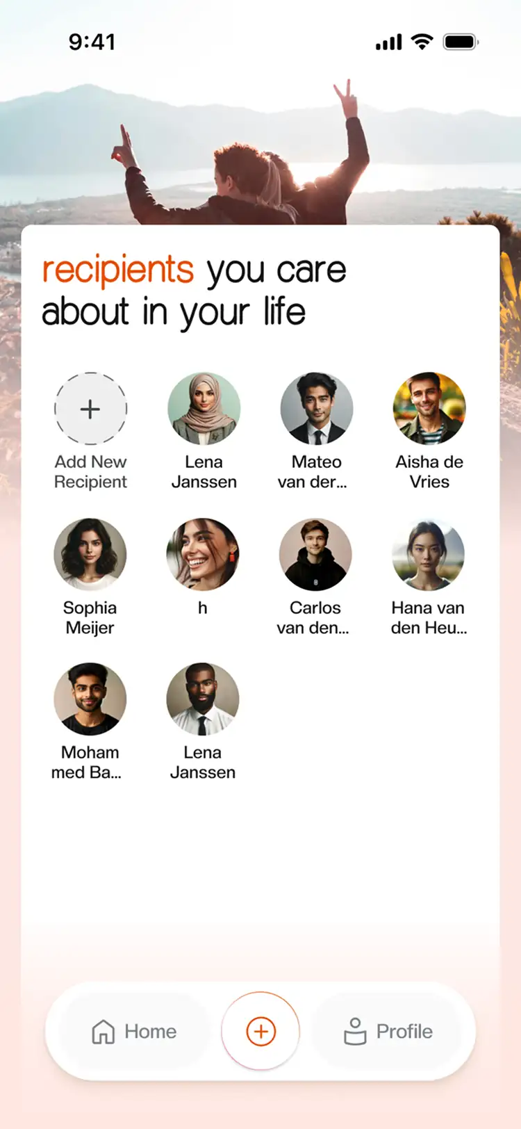 Soul Story recipients screen showing a list of people you care about with profile pictures