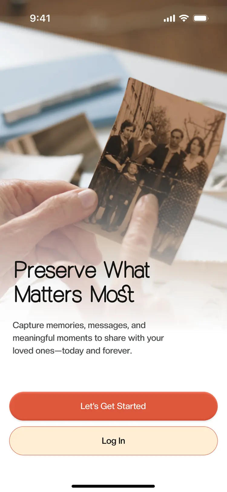 Person holding a sepia family photo next to the headline Preserve What Matters Most