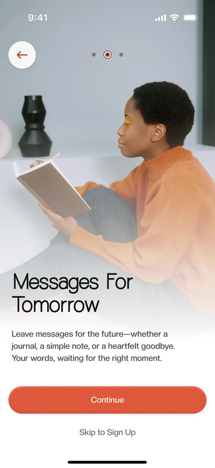 Person in an orange sweater reading a book indoors next to the headline Messages For Tomorrow