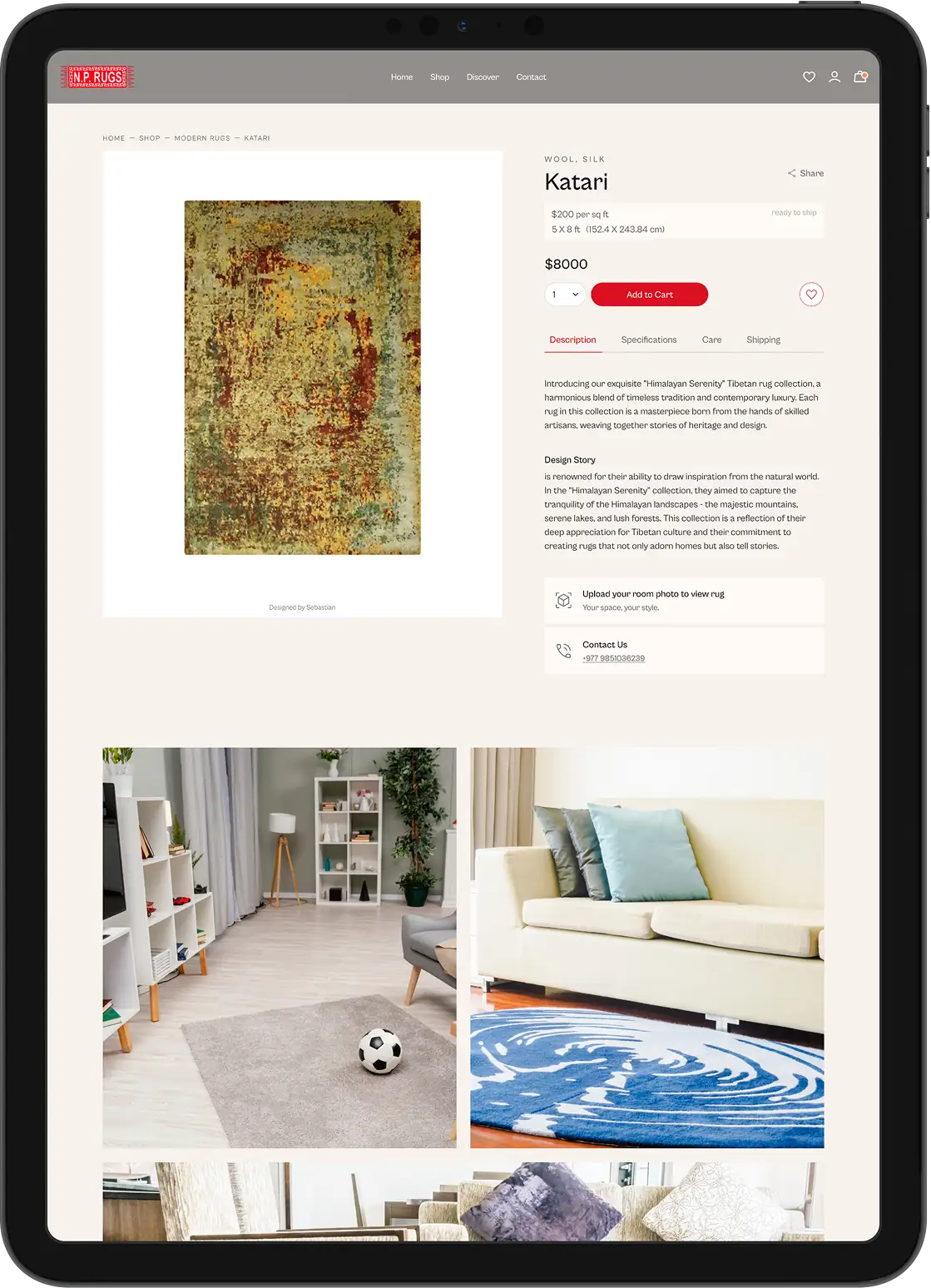 Shop page for the wool and silk rug Katari priced at 8000 dollars with patterned rugs in different rooms