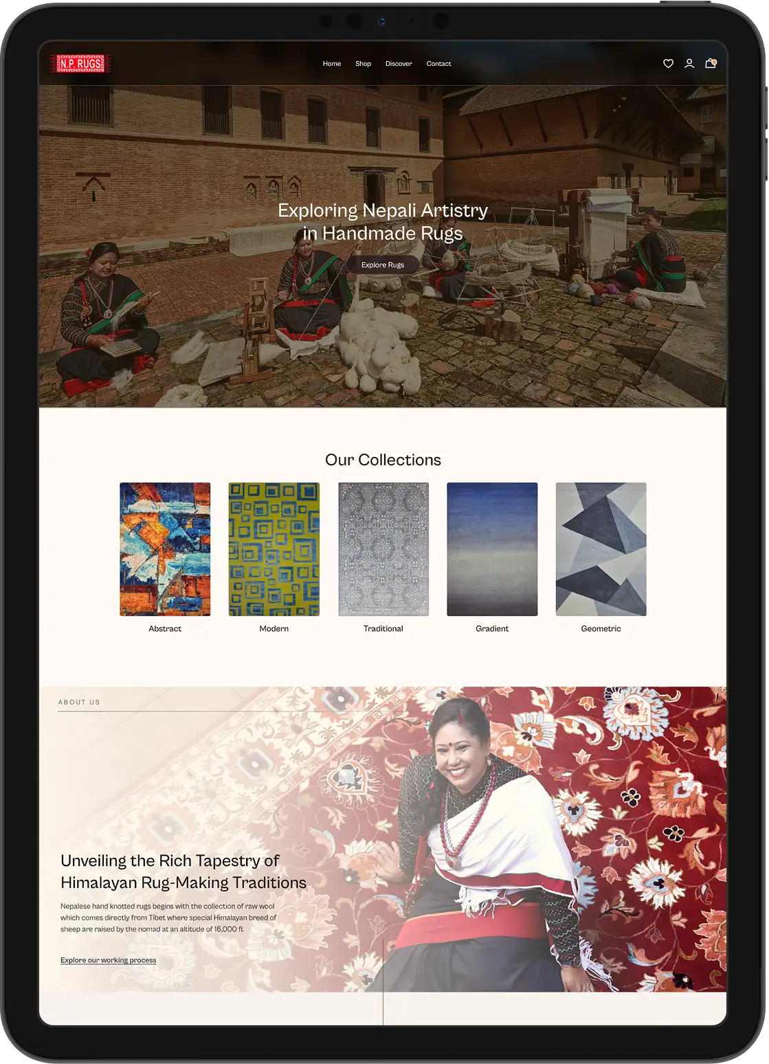 N P Rugs tablet view showing artisans weaving handmade rugs and a person on a red floral Himalayan rug. Designed by Bishrant Tandukar
