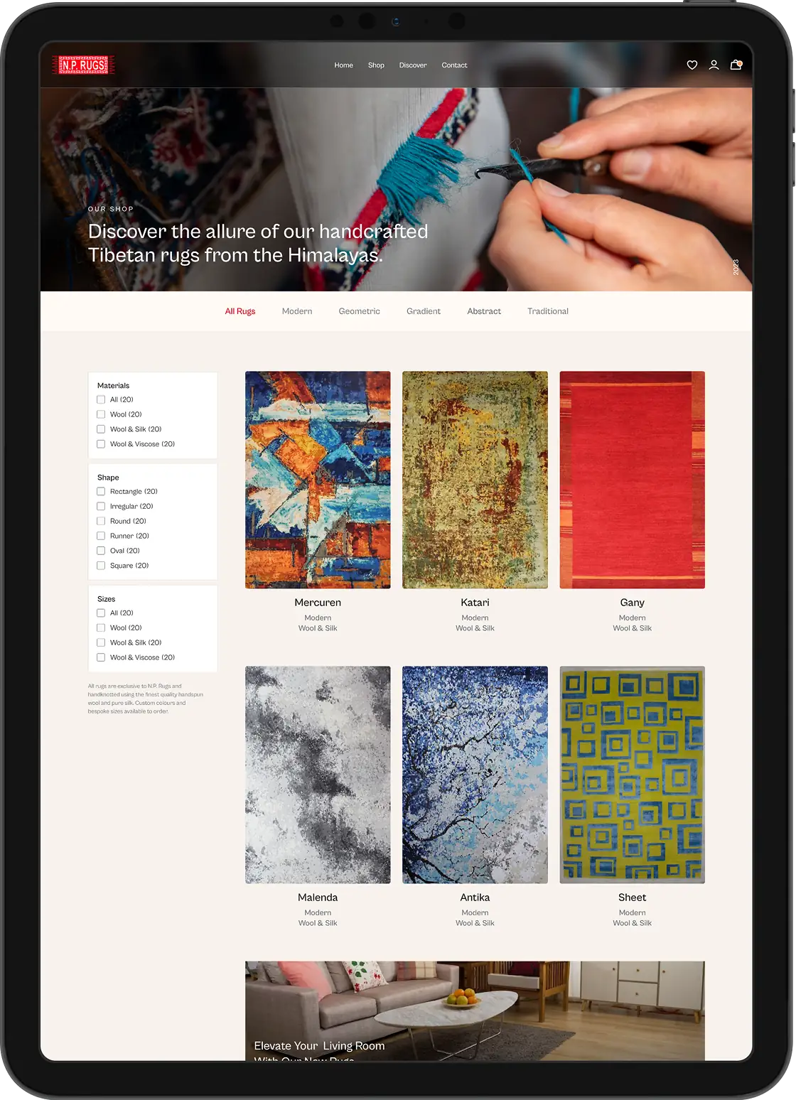 Online shop page showing handcrafted Tibetan rugs with abstract designs named Mercuren, Katari, Gany, Malenda, Antika and Sheet