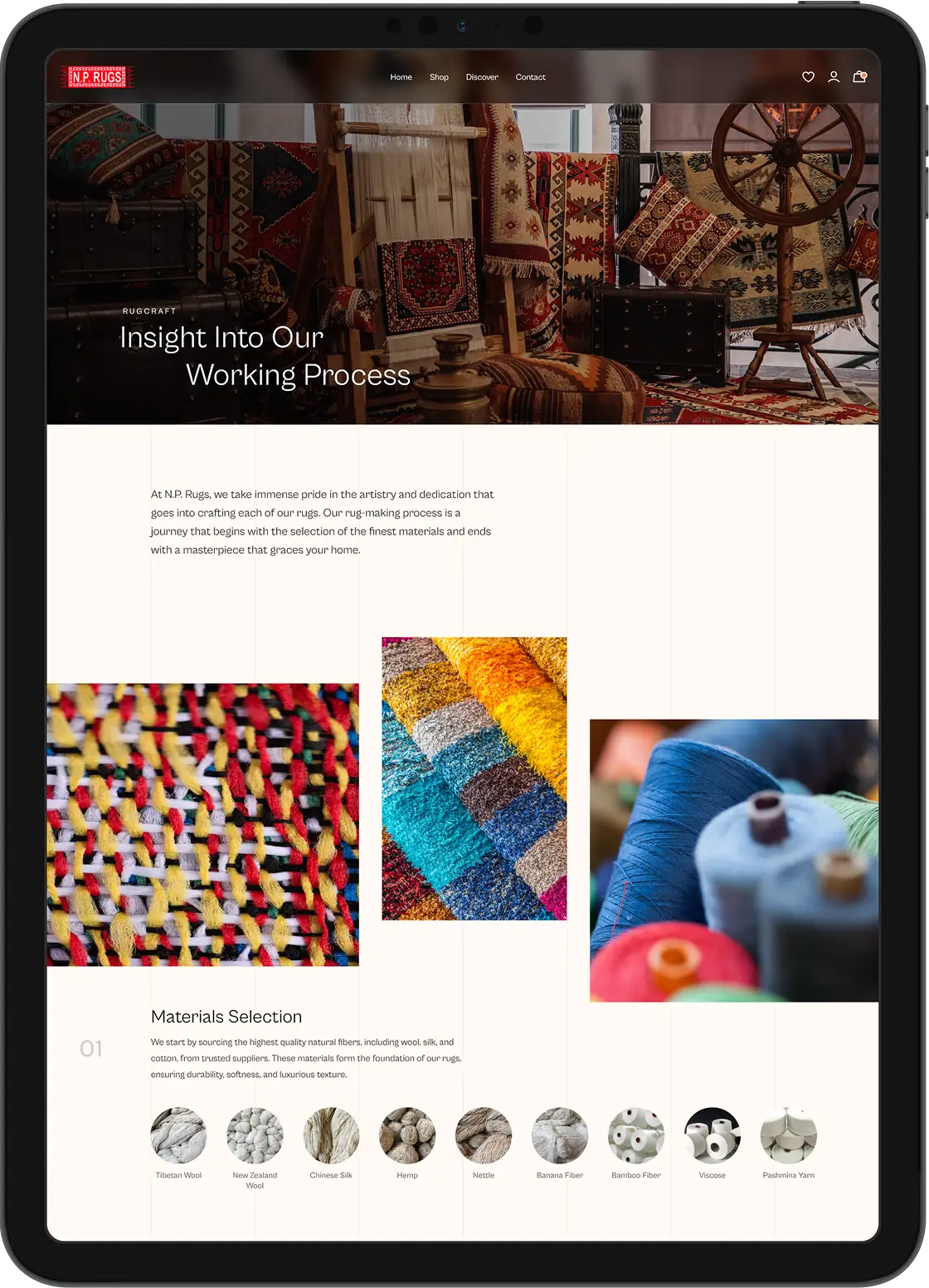 Rug making process page with colorful fibers, rolls of yarn and natural materials like wool, silk, hemp and bamboo