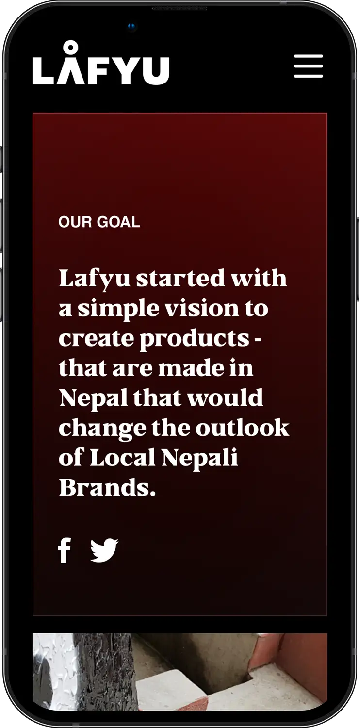 Lafyu mobile page about creating products in Nepal to change the outlook of local brands