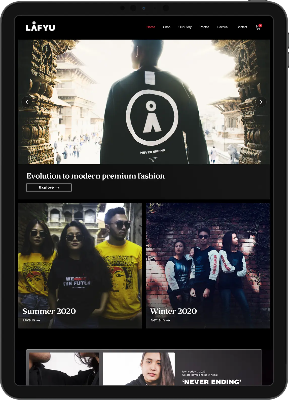 Lafyu homepage on tablet with a person in a black jacket and Summer 2020 and Winter 2020 collections. Designed by Bishrant Tandukar