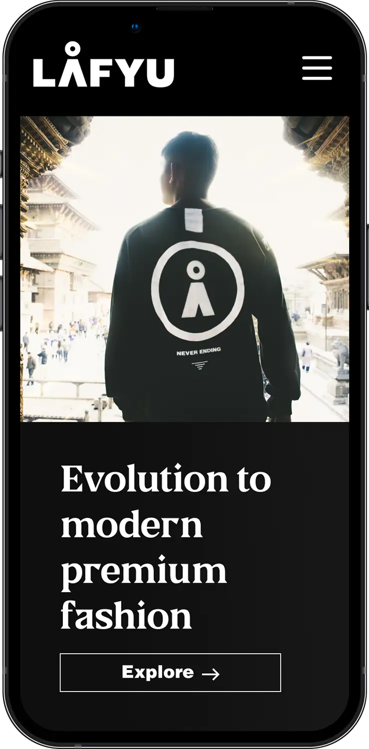 Lafyu mobile fashion page with a person wearing a black sweatshirt with Never Ending text