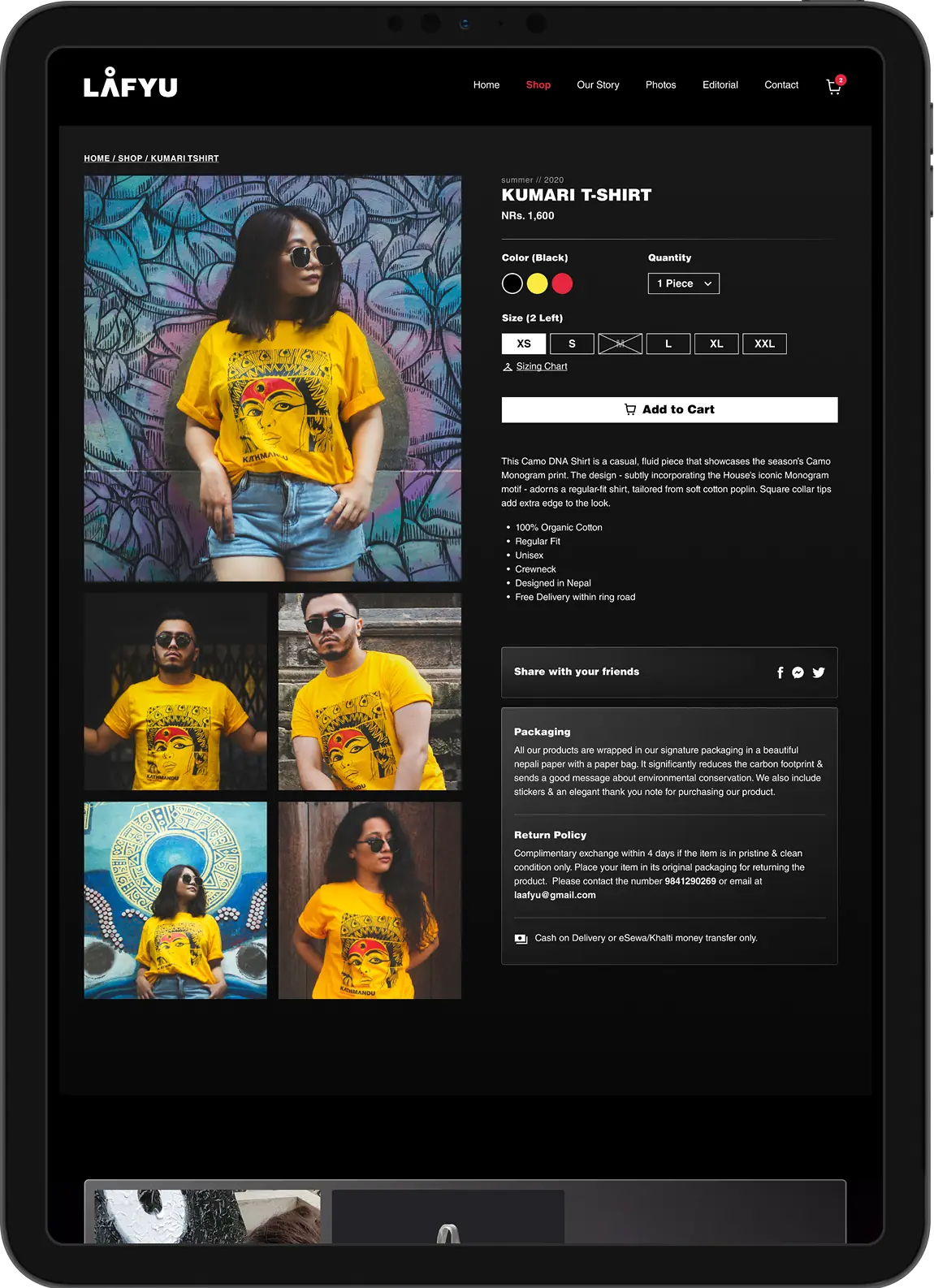 Lafyu product page on tablet showing the Kumari t shirt in black, yellow and red