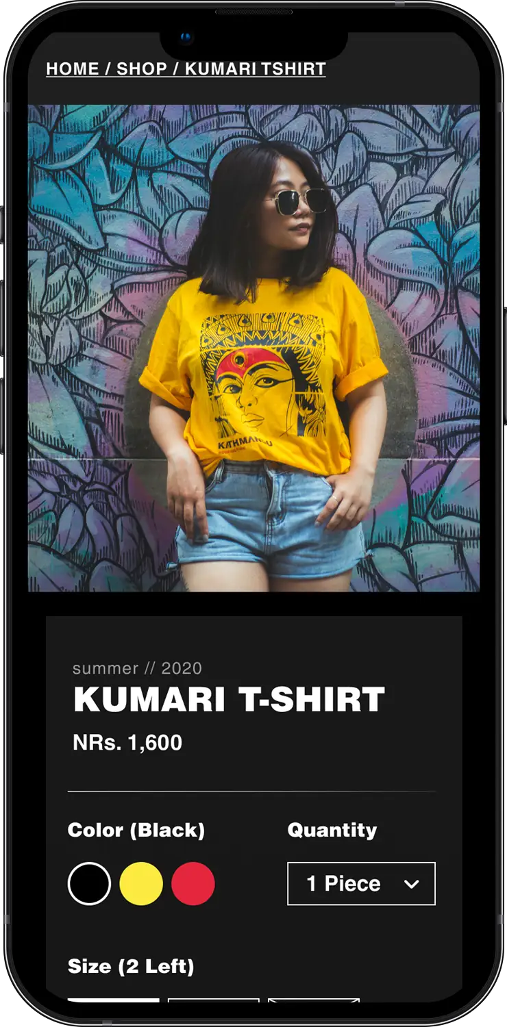 Lafyu mobile shopping page for the Kumari t shirt, with a person wearing the yellow version against a graffiti wall