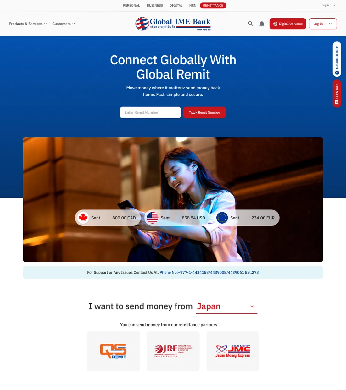 Global IME Bank remittance page with a person using their phone and amounts in Canadian dollars, US dollars and Euros