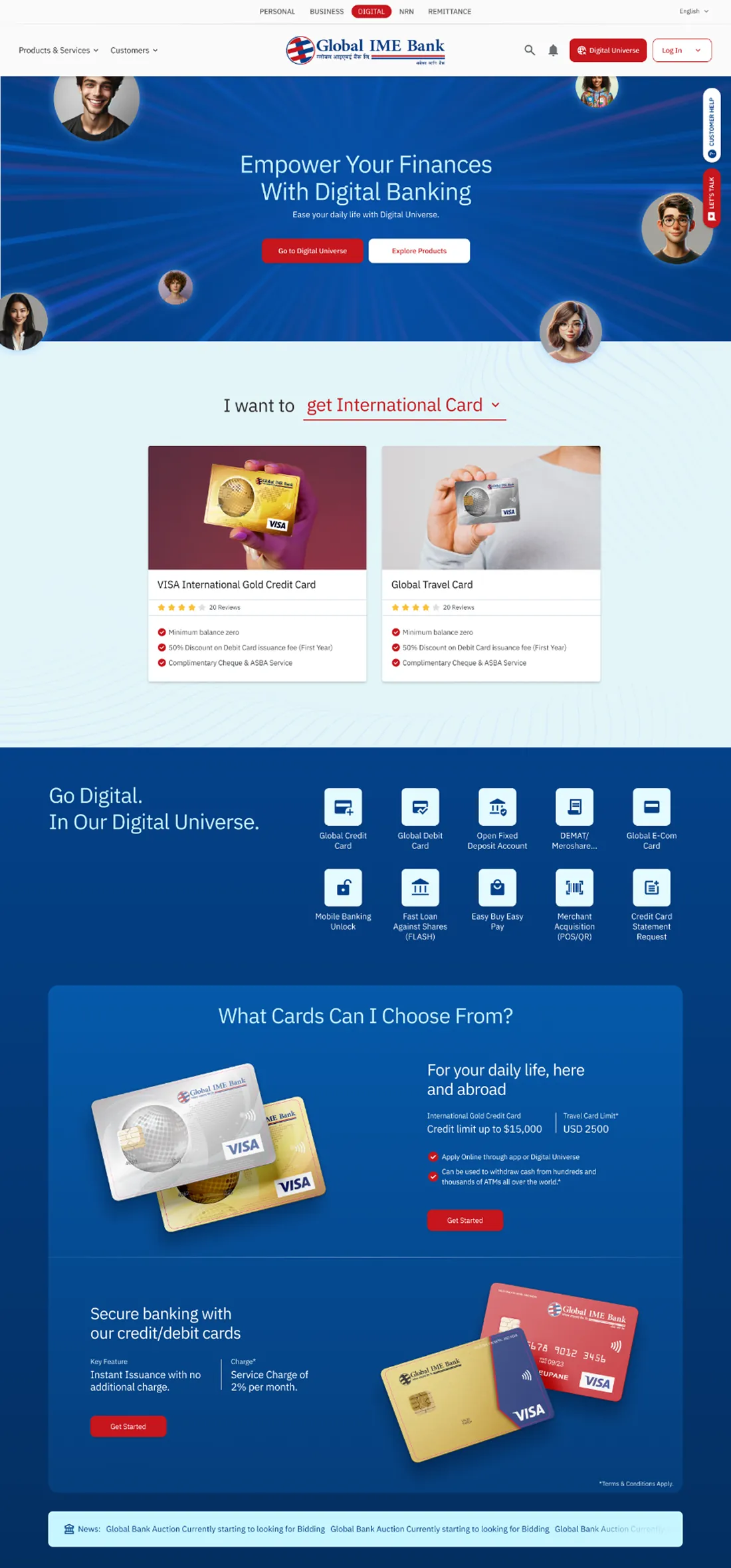 Global IME Bank page showing digital banking services and international Visa credit and travel cards