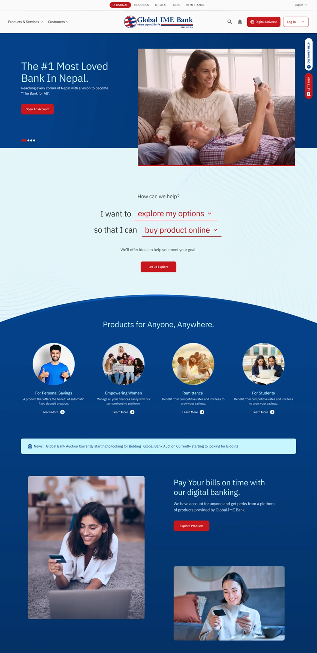 Global IME Bank homepage with a smiling couple, digital banking icons and people using laptops and credit cards. Designed by Bishrant Tandukar