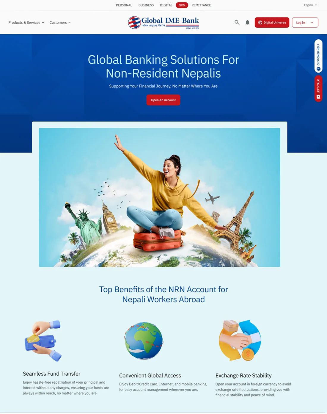 Global IME Bank page for non resident Nepalis with a person on a suitcase above a globe of landmarks