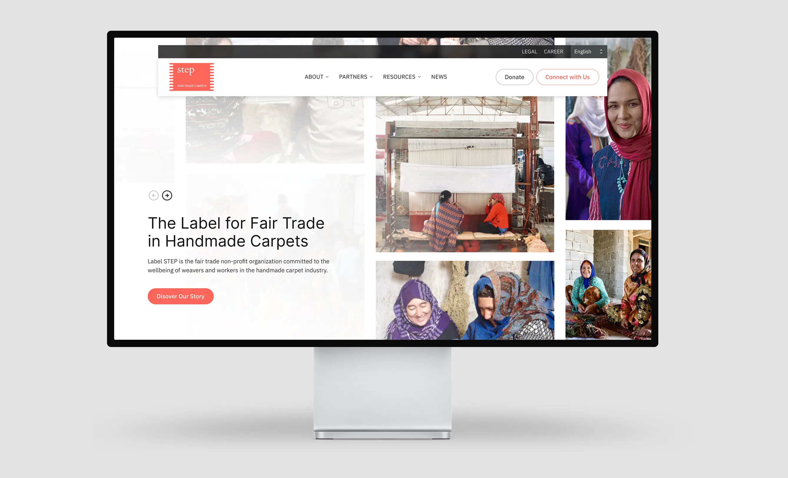 Desktop view of the Label STEP fair trade carpets website with images of artisans. Designed by Bishrant Tandukar