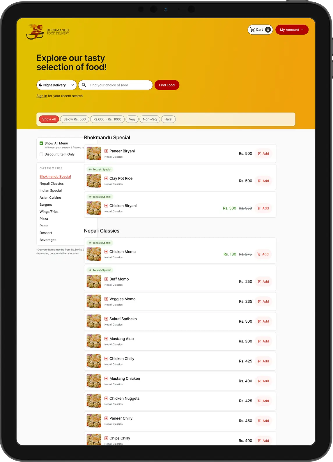Bhokmandu menu page with categories and dishes like Paneer Biryani, Chicken Momo and Chicken Chilly with add to cart buttons