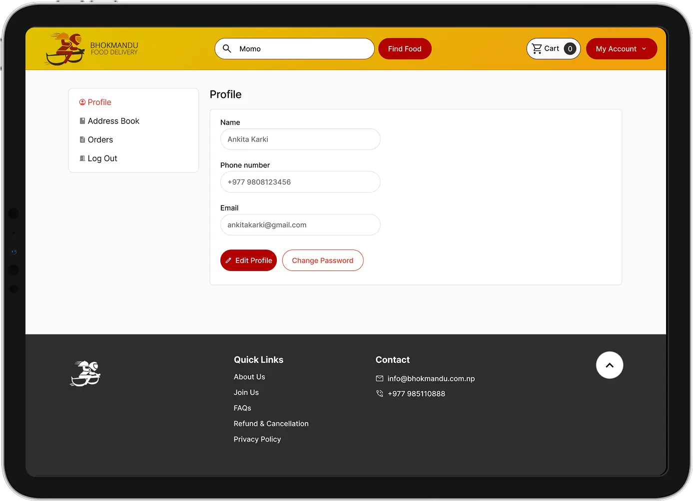 Bhokmandu profile page showing a user's details including phone, email and options to edit profile