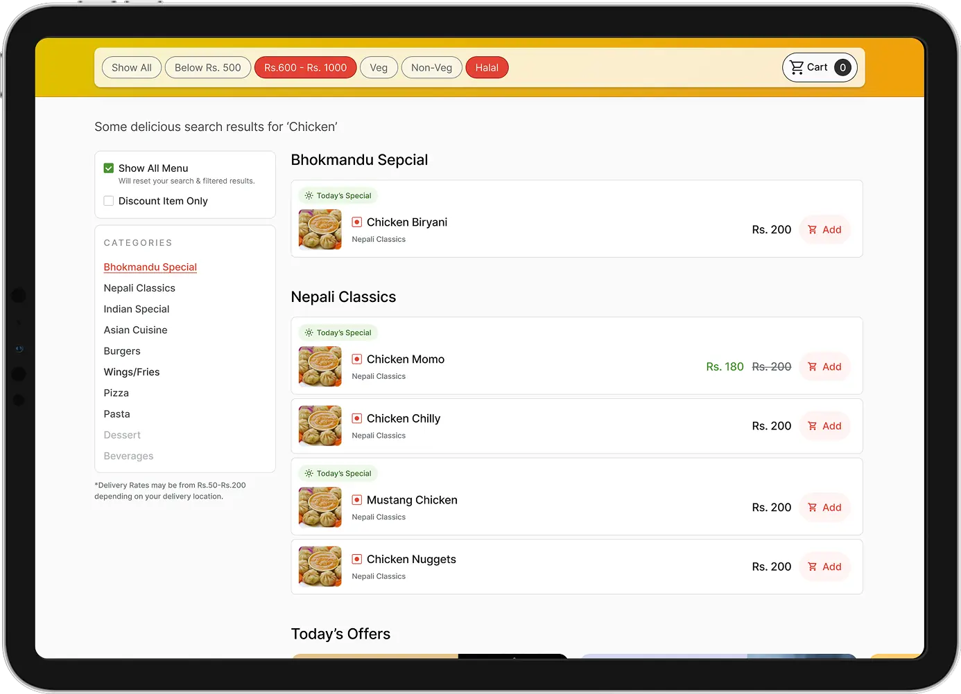 Bhokmandu food filters showing Chicken Biryani, Chicken Momo and other chicken dishes with prices