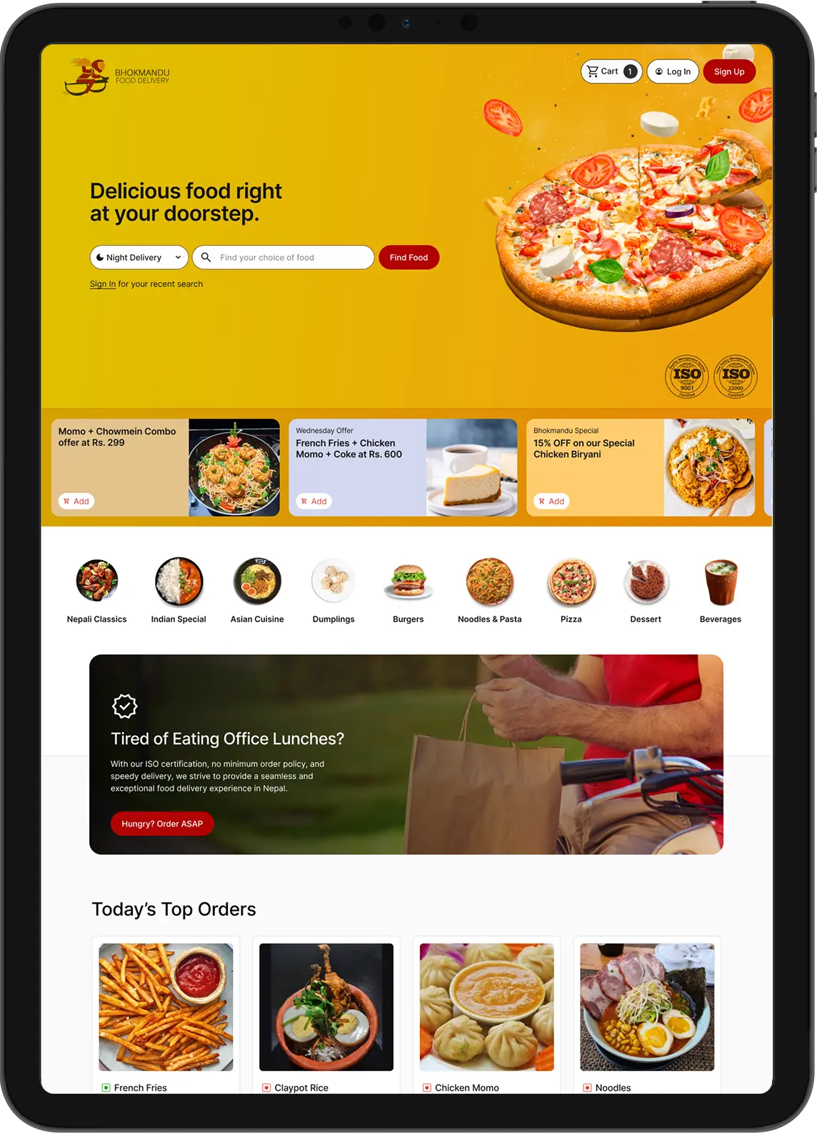Bhokmandu food delivery home page on tablet with search bar, pizza image, food categories and today's top orders. Designed by Bishrant Tandukar