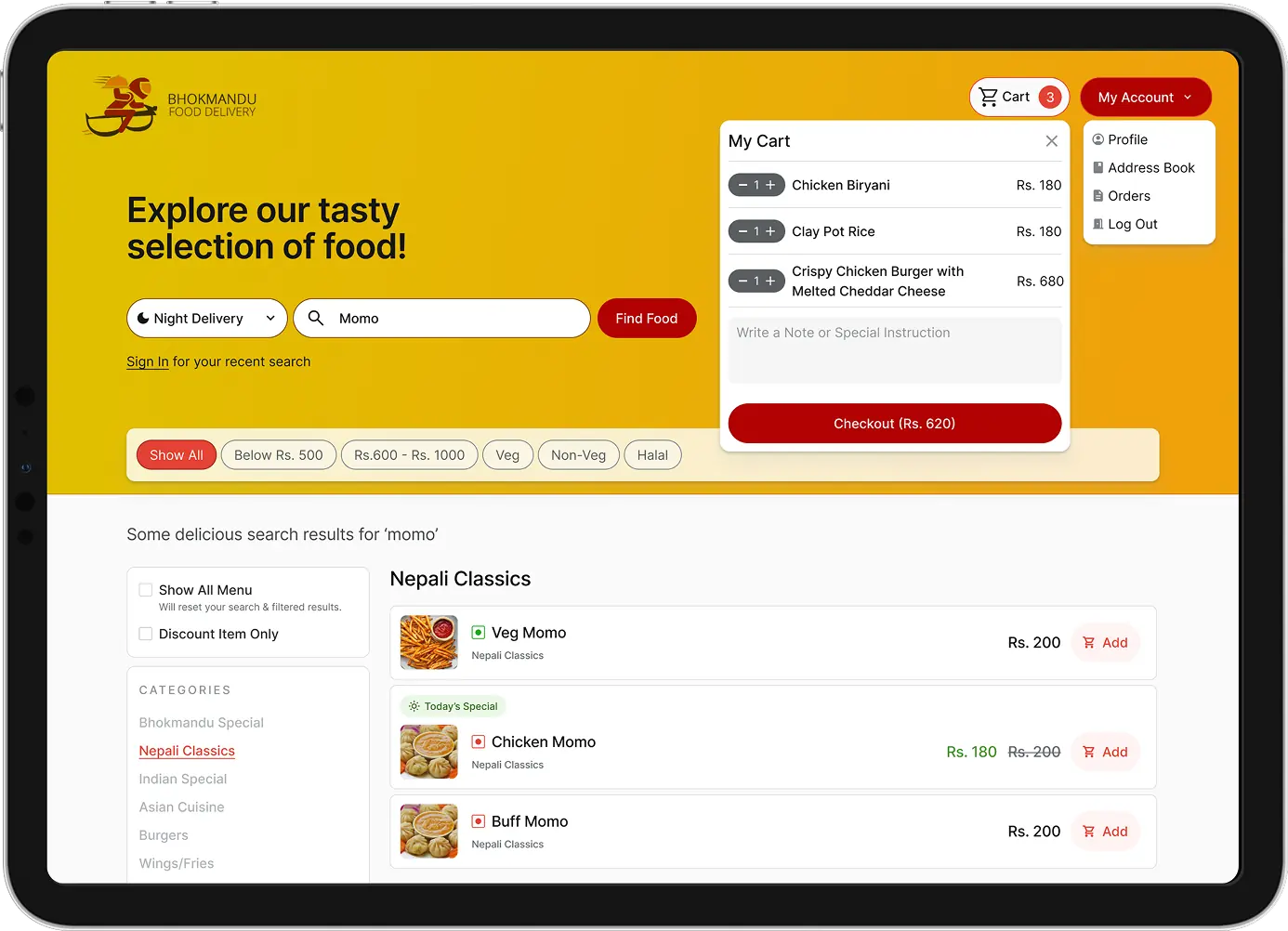 Bhokmandu search page for Momo with menu categories and a cart showing Chicken Biryani, Clay Pot Rice and Crispy Chicken Burger