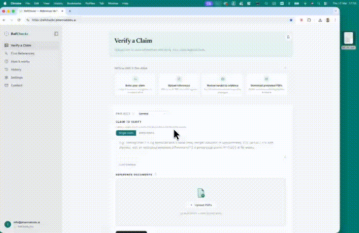 RefCheckr demo showing a claim being verified against a reference PDF