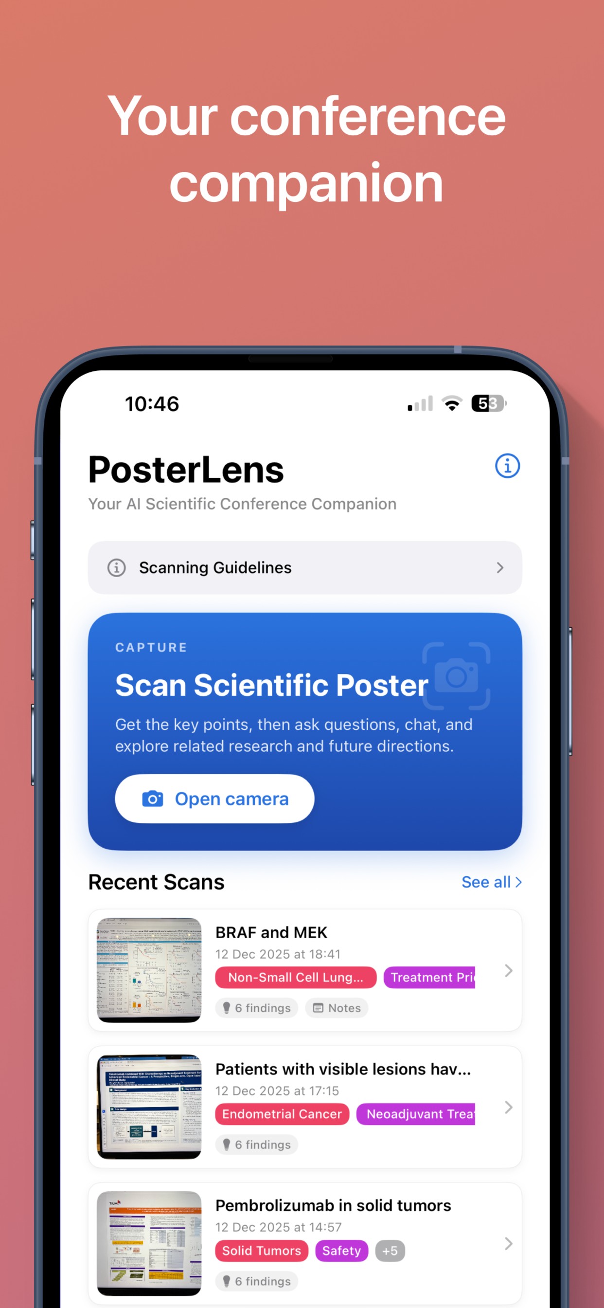 PosterLens home screen — scan a scientific poster