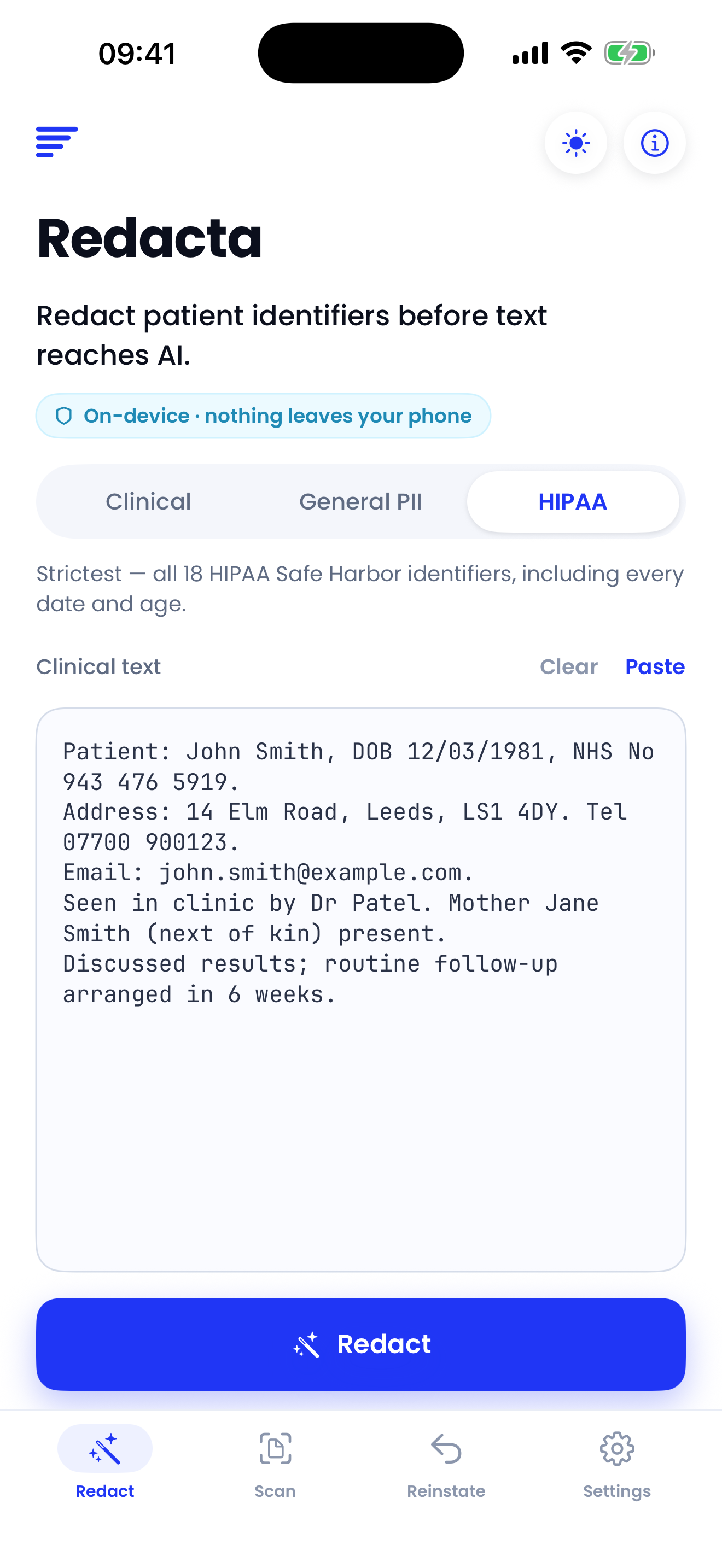 A raw clinical note pasted into Redacta, before redaction.