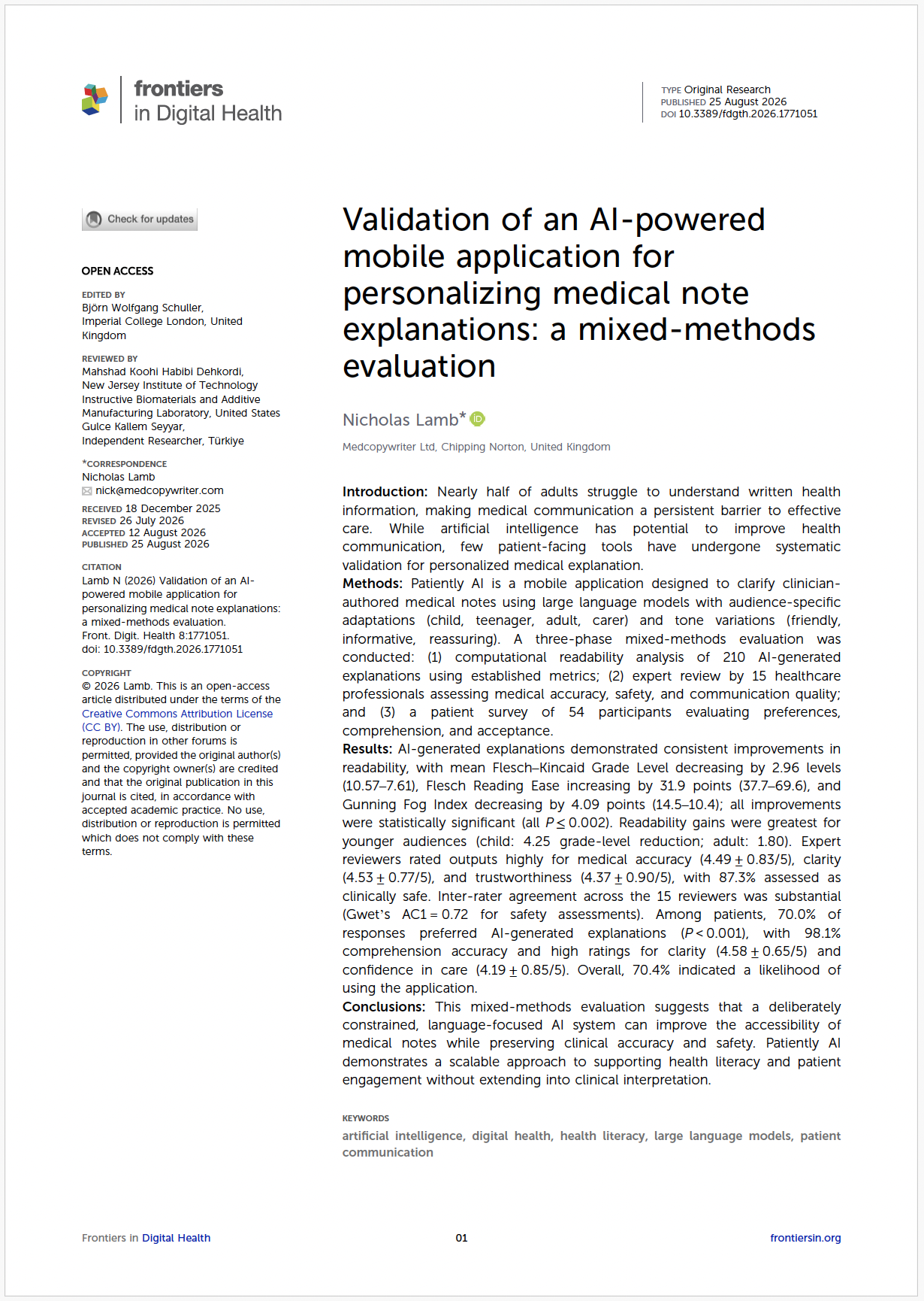 First page of the Patiently AI validation study in Frontiers in Digital Health