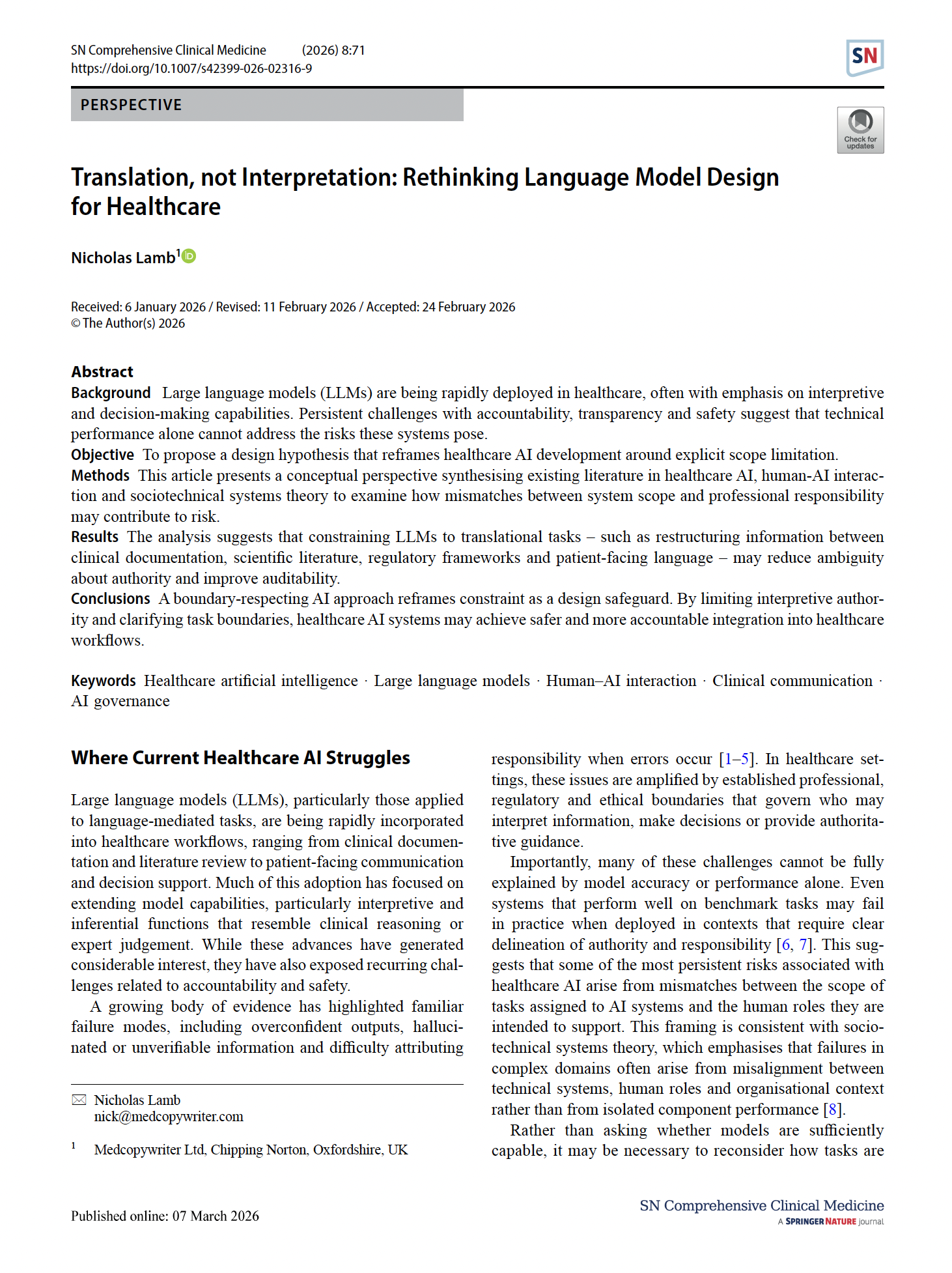 First page of Translation, not Interpretation: Rethinking Language Model Design for Healthcare in SN Comprehensive Clinical Medicine