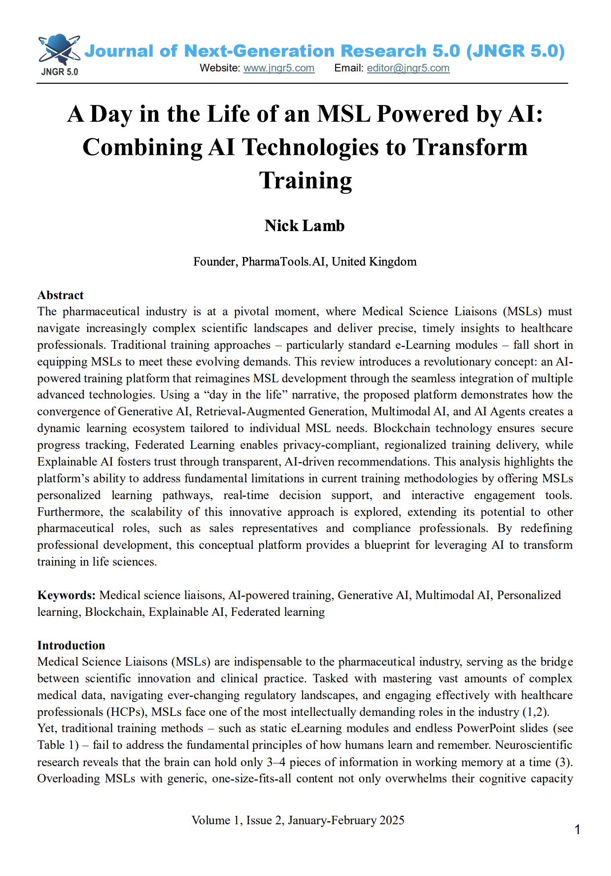First page of A Day in the Life of an MSL Powered by AI: Combining AI Technologies to Transform Training in JNGR 5.0