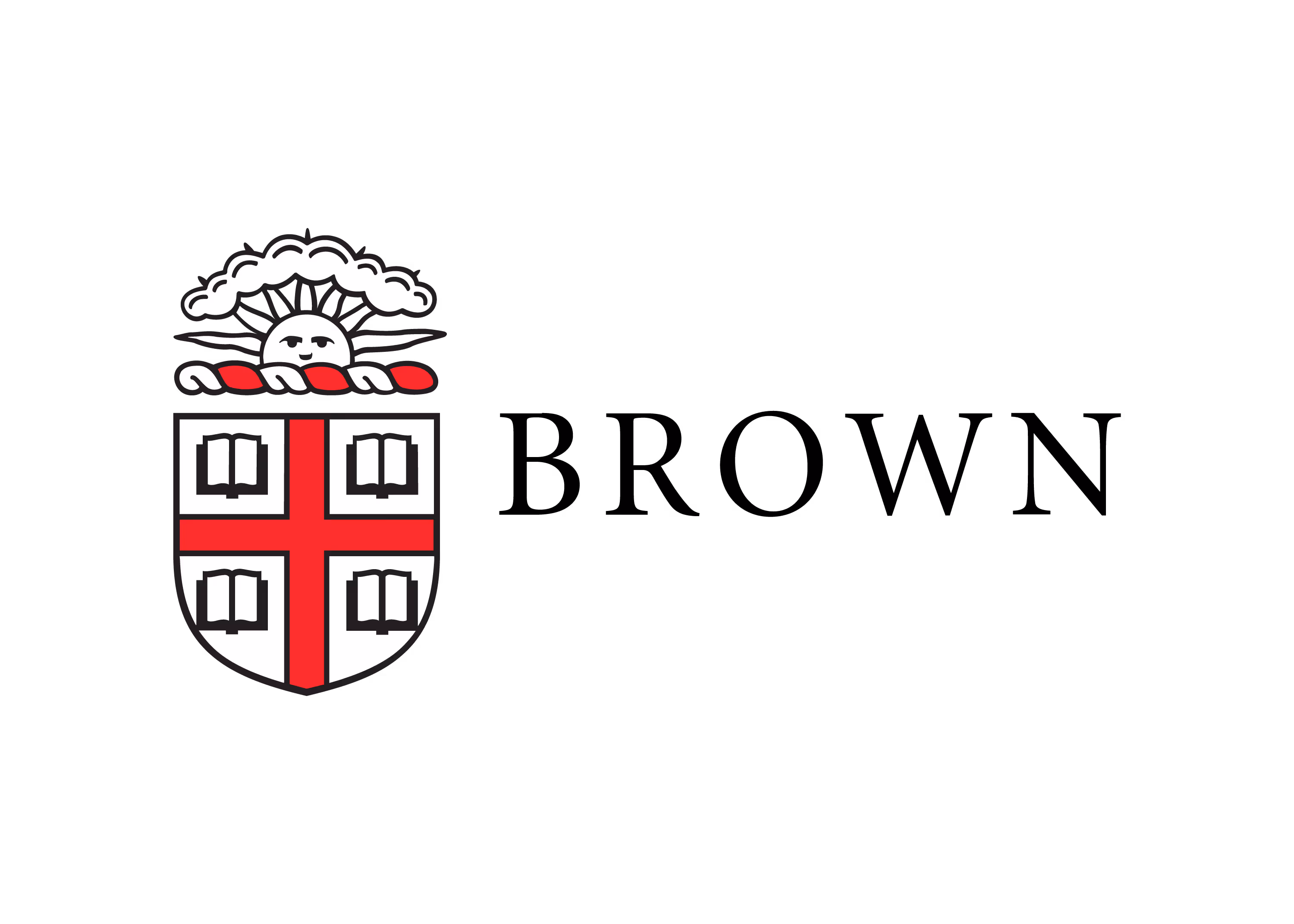 Brown University logo featuring a shield with a red cross, four open books, and a sun with clouds above.