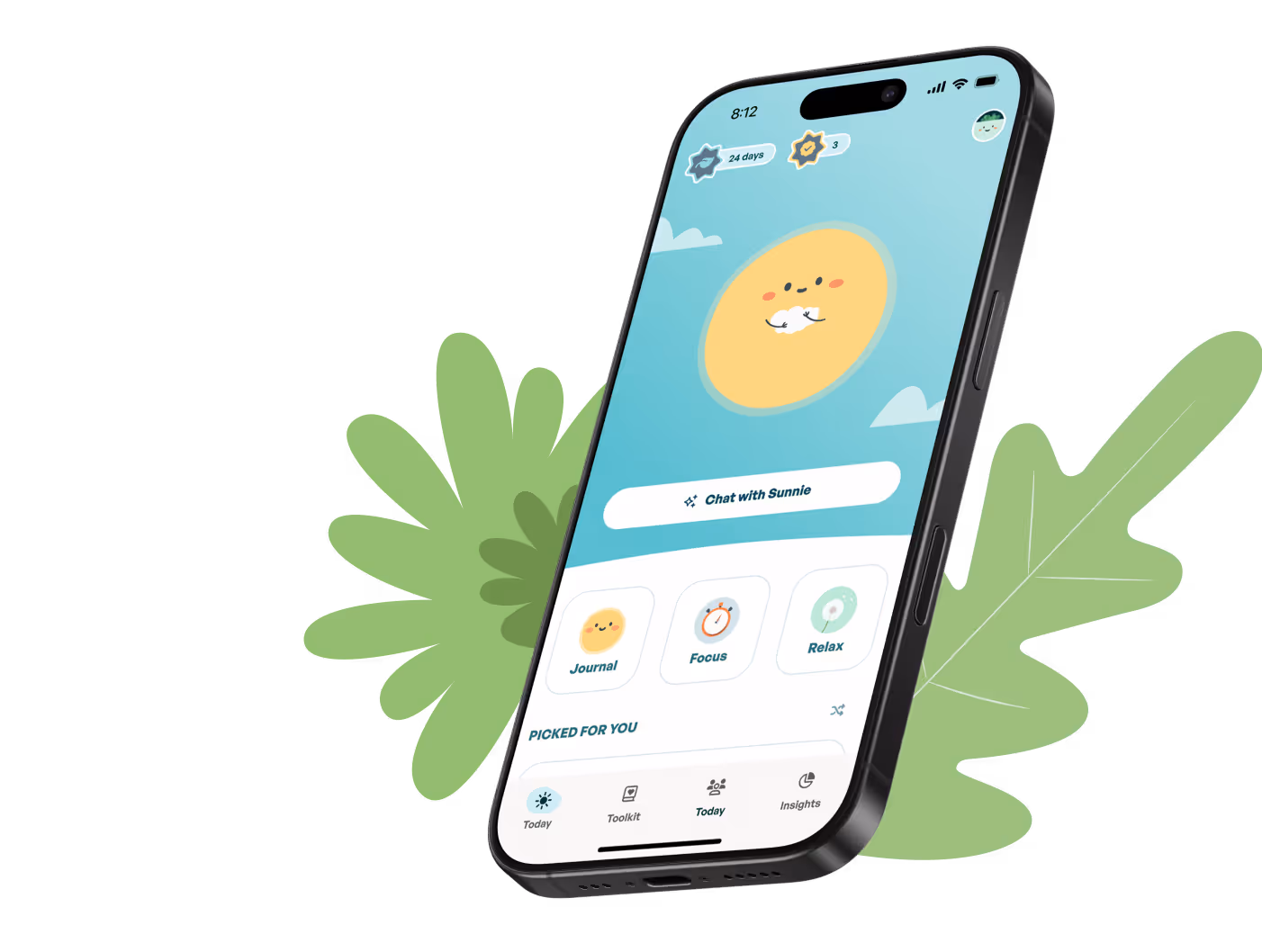 Smartphone screen displaying a wellness app with options to chat with Sunnie, journal, focus, and relax, over a background with green leaves.